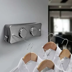 Tvättillbehör-Utdragbar Tvättlina, Väggmonterad Utdragbar Tvättlina med 2 x 5M Rostfritt Stål, för Inomhus- och Utomhusbruk