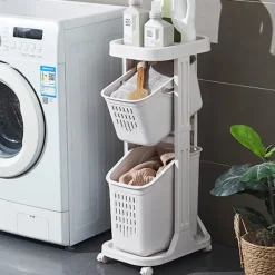 Tvättillbehör-Vagn på hjul med 2 tvättkorgar