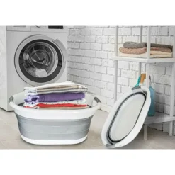 Tvättillbehör-Vikbar oval tvättkorg Hopfällbar 40 liter tvättkorg grå