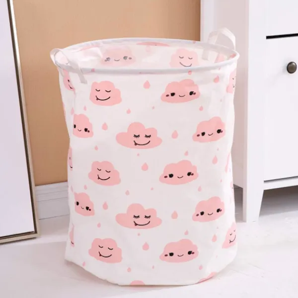 Tvättillbehör-Vikbar Tvättkorg Bomull Linne Rund Förvaringslåda Tvättsäck Leksaksorganisatör - Rosa