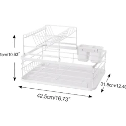 Tvättillbehör-2-vånings diskställ köksbänk tallrik avrinningsställ förvaringsorganisatör med avrinningsbricka och bestickhållare - Vit
