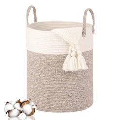 Tvättillbehör-Vävda tvättkorg i bomull, 53L tvättkorg med handtag, 46x38cm