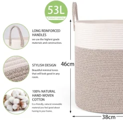 Tvättillbehör-Vävda tvättkorg i bomull, 53L tvättkorg med handtag, 46x38cm