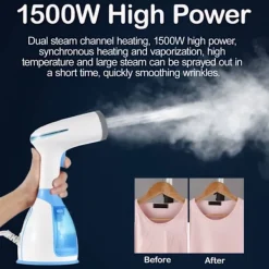 Ångtvättar-1500W Handhållen Ångare för Kläder och Tyger, 280ml, Portabelt Ångstrykjärn, Skrynkelborttagare, 15 Sekunders Snabb Uppvärmning