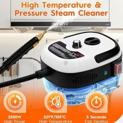 Ångtvättar-2500W Handhållen Ångrengörare – Tryckångare med 3 Borsthuvuden, 6 Nivåer, 1000ml Vattentank