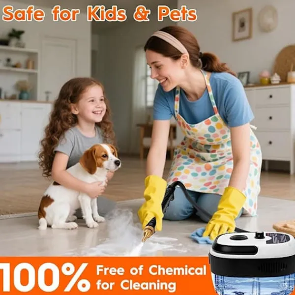 Ångtvättar-2500W Handhållen Ångrengörare – Tryckångare med 3 Borsthuvuden, 6 Nivåer, 1000ml Vattentank