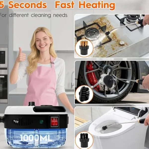 Ångtvättar-2500W Handhållen Ångrengörare – Tryckångare med 3 Borsthuvuden, 6 Nivåer, 1000ml Vattentank