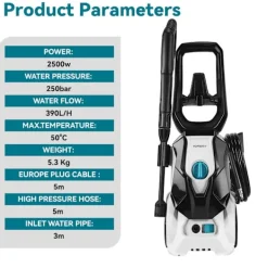 Yofidra Högtryckstvättar-2500W Högtryckstvätt, 250 Bar Biltvättmaskin, Två Vatteninloppslägen