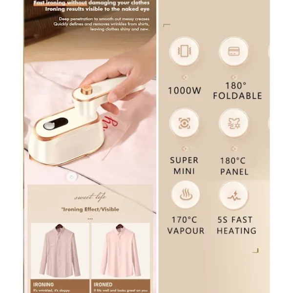 ATELA Strykjärn-1000w Mini Travel Steamer strykjärn,Handhållna bärbara ångkokare för kläder Liten klädångare Resestorlek Handhållet