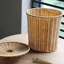 Soptunnor-Yhsqv - vävd korg papperskorg rund rotting papperskorg med lock planter vävda korgar korg papperskorg
