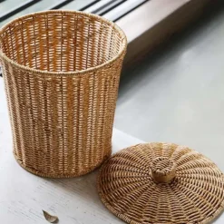 Soptunnor-Yhsqv - vävd korg papperskorg rund rotting papperskorg med lock planter vävda korgar korg papperskorg