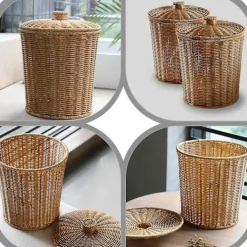 Soptunnor-Yhsqv - vävd korg papperskorg rund rotting papperskorg med lock planter vävda korgar korg papperskorg