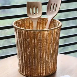 Soptunnor-Yhsqv-vävd Papperskorg Rund Rotting Papperskorg Med Lock Planteringskruka Vävd Korg Flätad Papperskorg